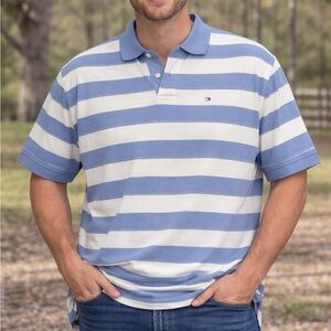 Tommy Hilfiger Polo Shirt Men’s XXL Blue White Striped Short Sleeve Classic Logo
